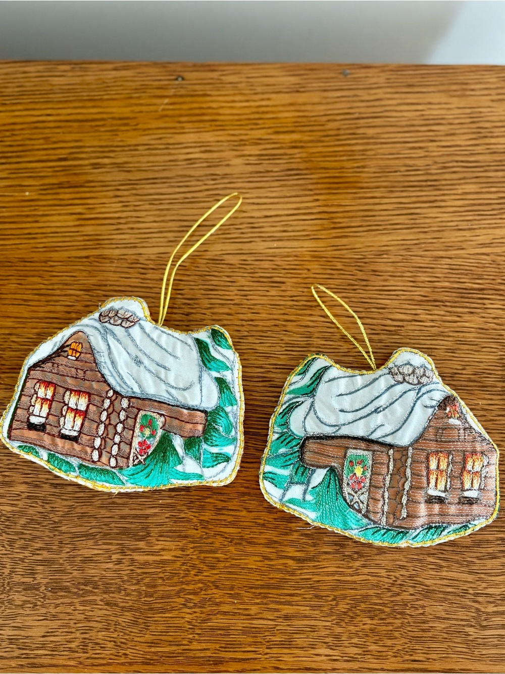 Holiday Snowy Cabin Pair of Vintage Eaton Ornaments
